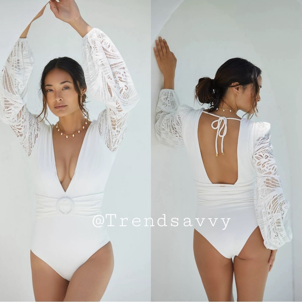 PatBO White Plunge Long Sleeve One Piece Swimsuit Bodysuit Bridal Beach Resort S